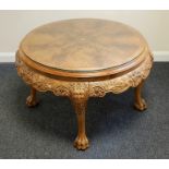 Vintage Burr Walnut Coffee Table. Ornate Lion decoration to legs and feet. Ornate floral
