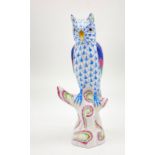 Herend Porcelain Owl on Branch Figurine. Hand-painted blue fish scale design. Very good condition.