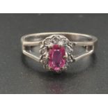 18K White Gold Pink Burmese Ruby and Diamond Ring. Size P. 4.66g