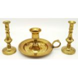 Three Vintage Brass Candle Holders. Two miniature-11cm tall, and one hand-held - 7cm tall. All