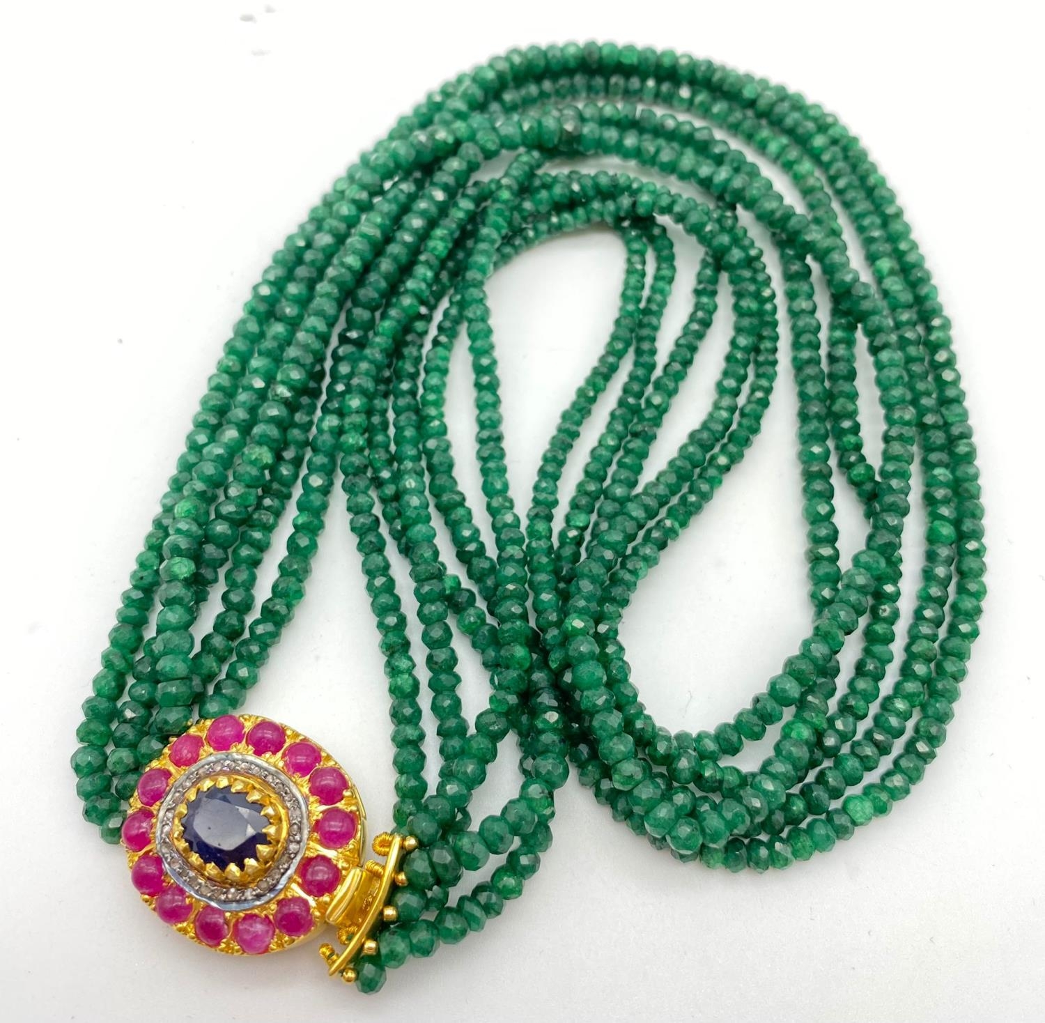 395cts Five-Row Emerald Necklace with Ruby and Sapphire Clasp. With a halo of Rose Cut Diamonds. - Image 5 of 9