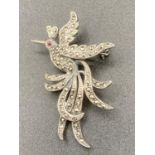 Vintage Silver Marcasite Hummingbird Brooch with gemstone eye . 4.5cm.