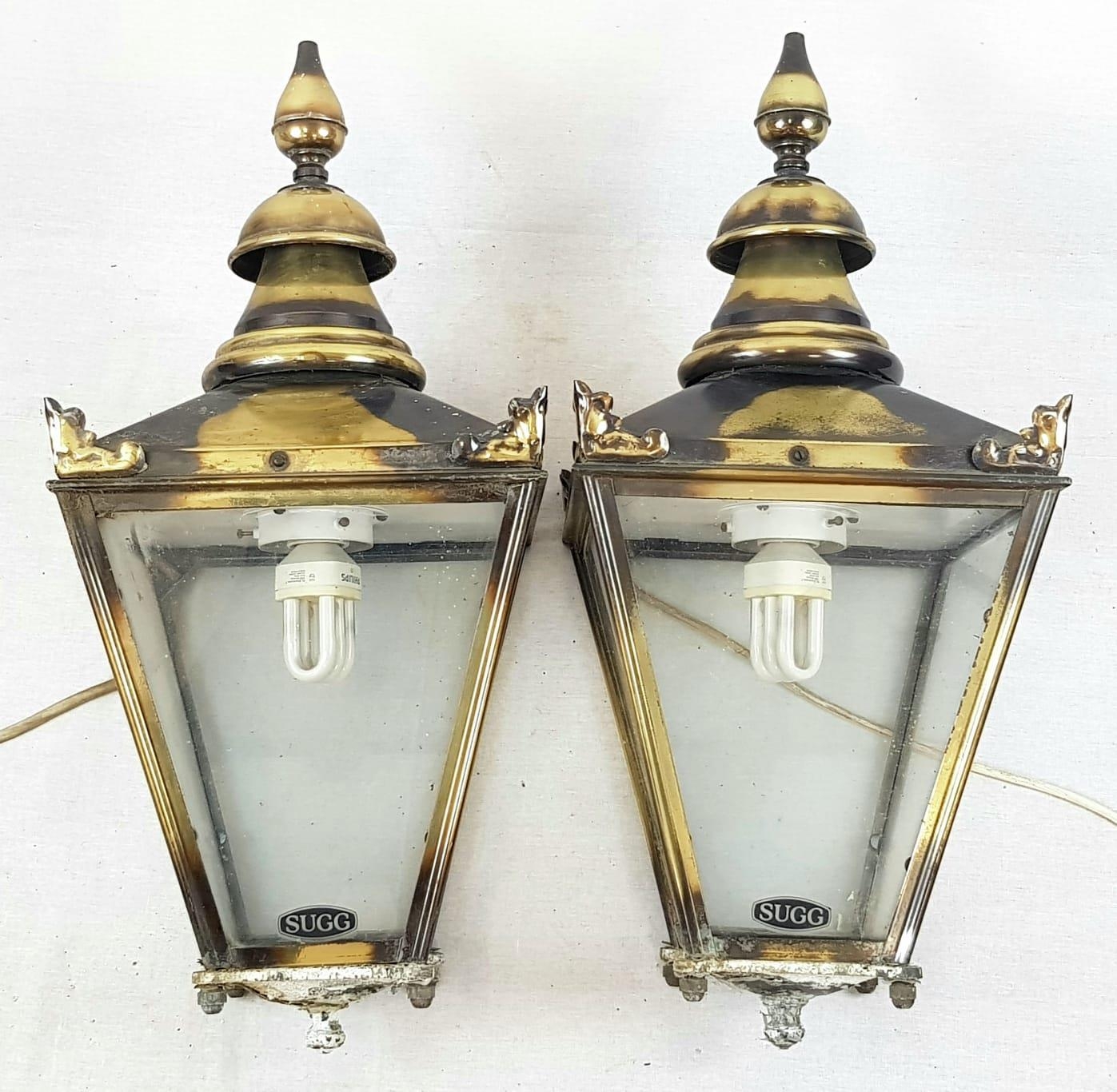 A Pair of Reproduction Victorian Top-Fix Brass Wall Lanterns. As Found. 31 x 70cm