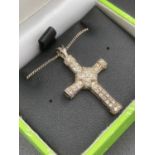 SILVER jewel encrusted CROSS and CHAIN .925 silver markings . chain 40 cm .Cross 3.5 cm.