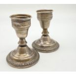 A PAIR OF VINTAGE SILVER CANDLESTICKS BY CROWN SOME SIGNS OF WEAR! 402gms 11cms