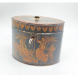 AN 18TH CENTURY OVAL TEA CADDY WITH ORIGINAL NEO CLASSICAL HAND PAINTED WITH ROMAN FIGURES. 13 X