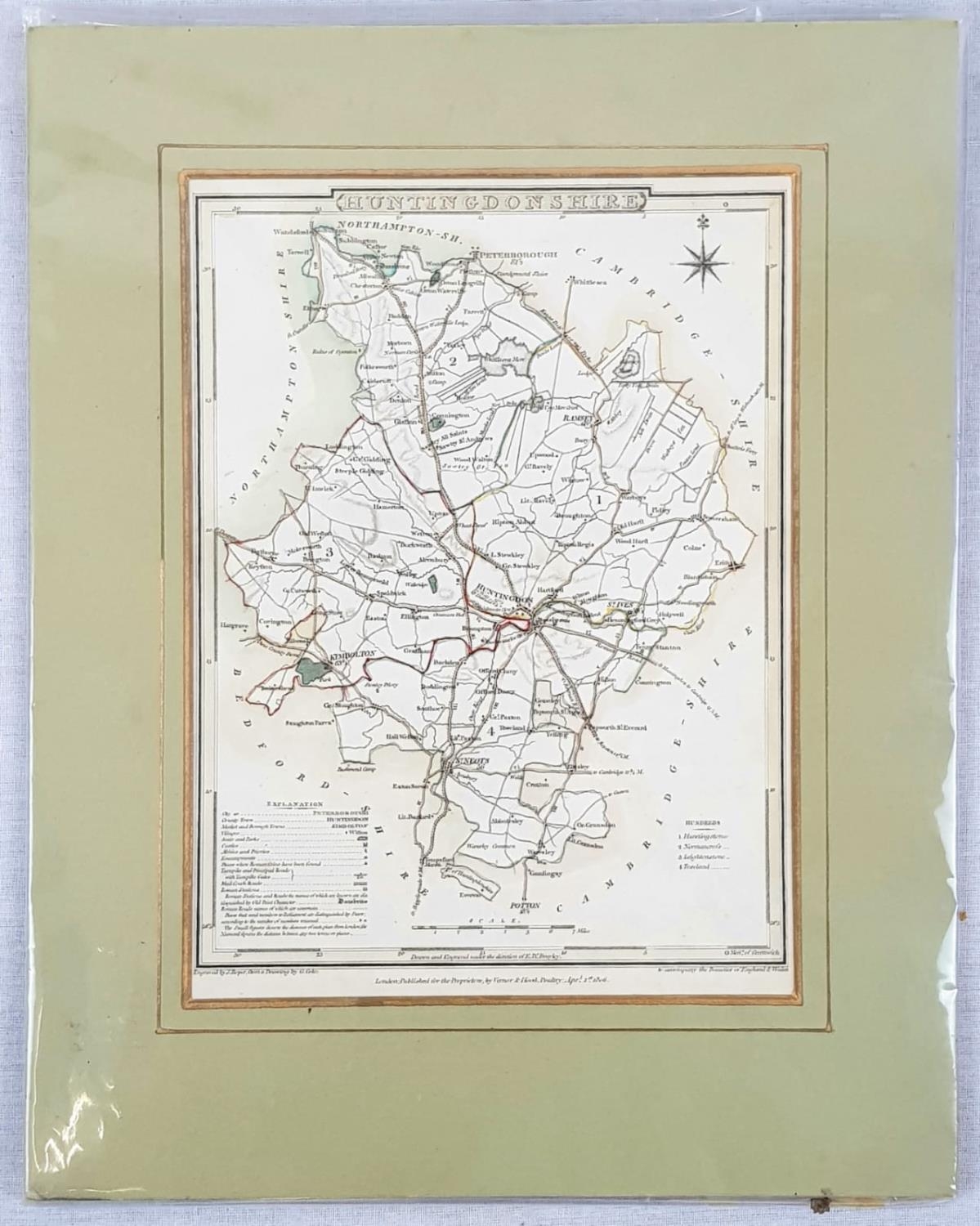 Antique 1806 Map of Huntingdonshire. Framed and protected in a plastic wrap. Good condition. 27 x