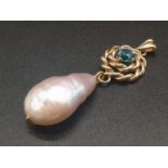 14K Yellow Gold Natural Baroque Pearl and Blue Zircon Pendant. 5.5g