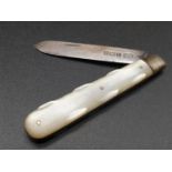 Antique Fruit Knife. Hallmarked Arthur Stanisforth 1912. Mother of Pearl Handle. 11cm.