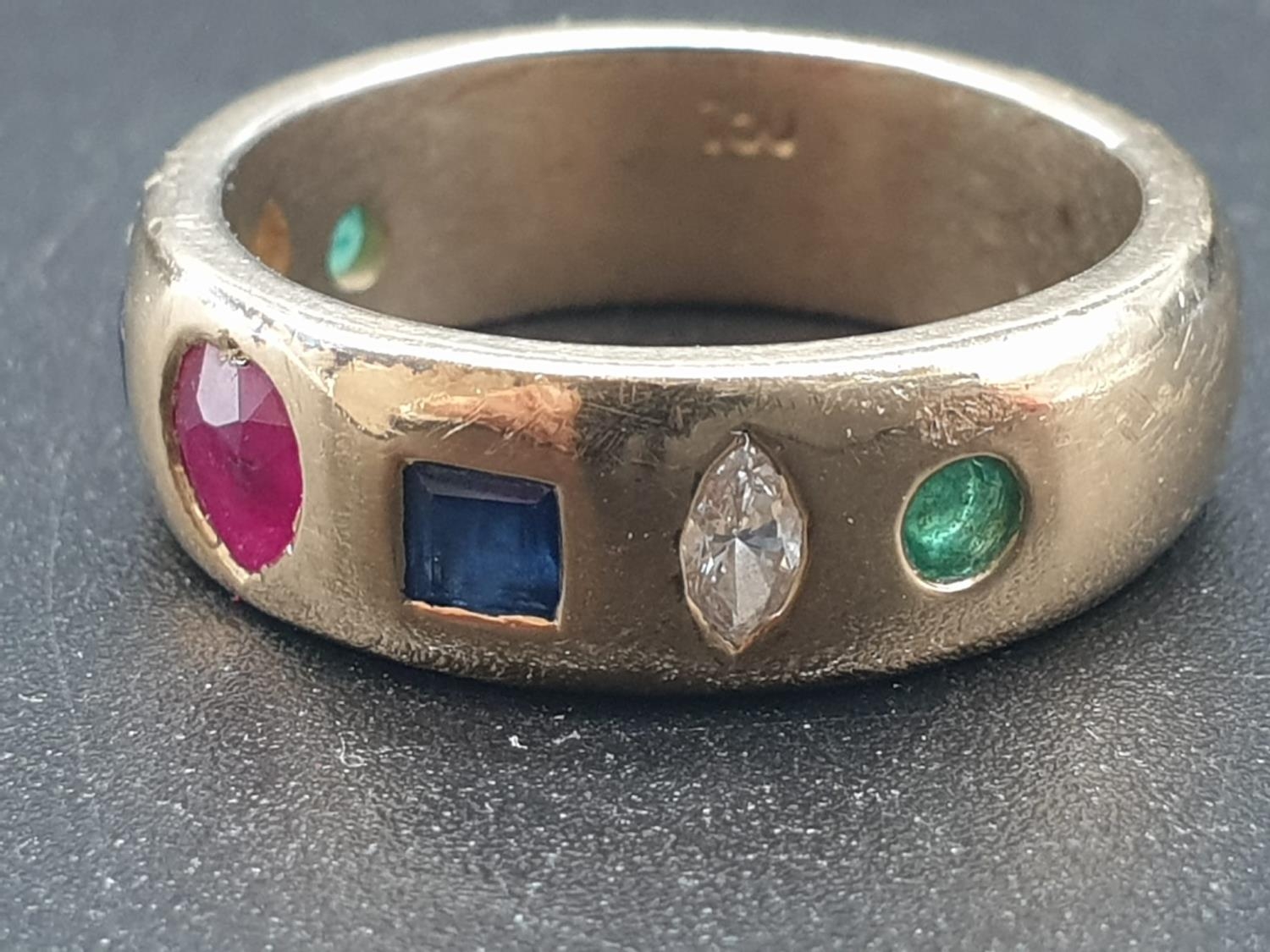 18K Yellow Gold Diamond, Ruby, Sapphire and Emerald band ring. Weighs 9.5g and Size M. 0.16ct - Image 2 of 5