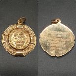 Vintage 9K Yellow Gold British Railways Association Pendant. Inscription on rear. 3cm diameter. 14.