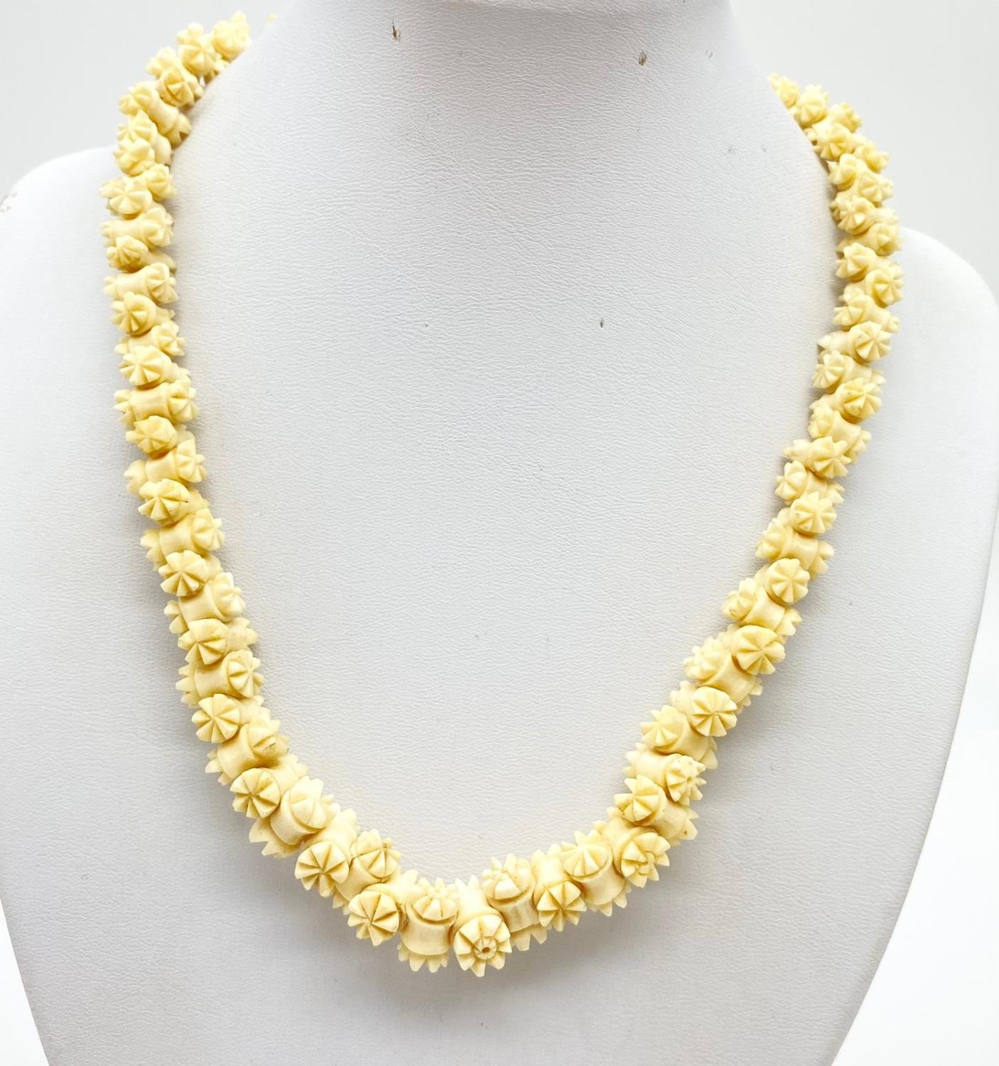 Antique Ivory Hand-Carved Floral Necklace. 44cm