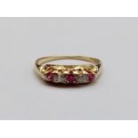 18k yellow gold and platinum antique ring diamonds set with red stones, weight 2.7g and size L1/2