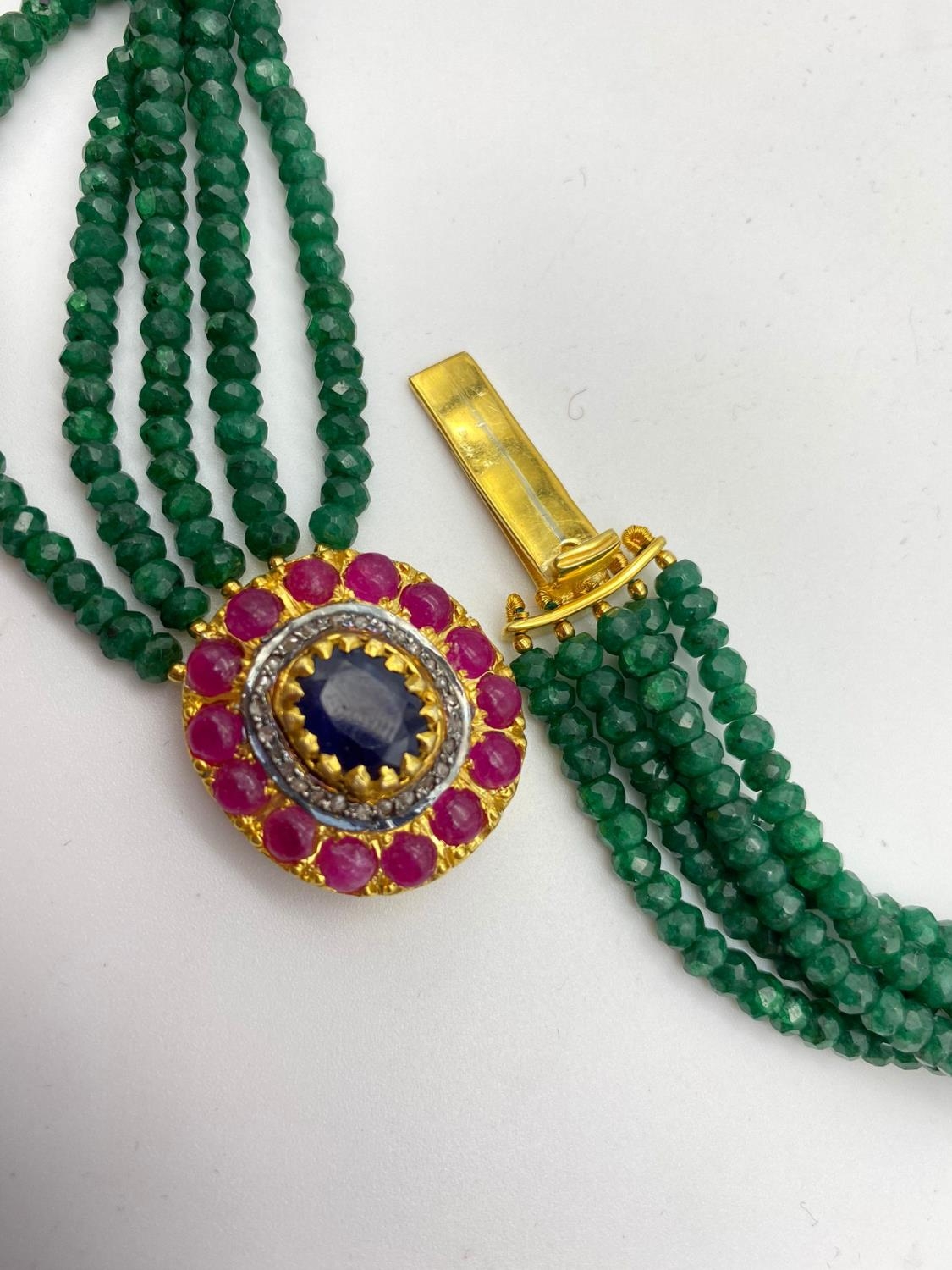 395cts Five-Row Emerald Necklace with Ruby and Sapphire Clasp. With a halo of Rose Cut Diamonds. - Image 9 of 9