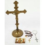 A Catholic Religious Selection: 30cm Tall Brass Crucifix, Necklace with Crucifix Pendant, Vintage