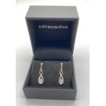 9ct White Gold stone set earrings. 2.5cm drop. In presentation box.