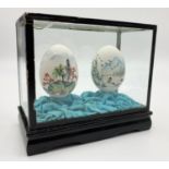 Rare Vintage Chinese Hand-Painted Eggs in Glass Display Case. Slight crack in glass in one of the