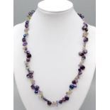 Pearl, amethyst and peridot necklace set in silver clasp, weight 28g 50cm long