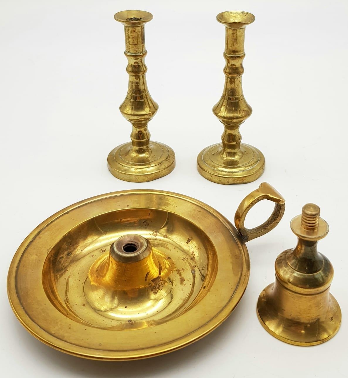 Three Vintage Brass Candle Holders. Two miniature-11cm tall, and one hand-held - 7cm tall. All - Image 3 of 4