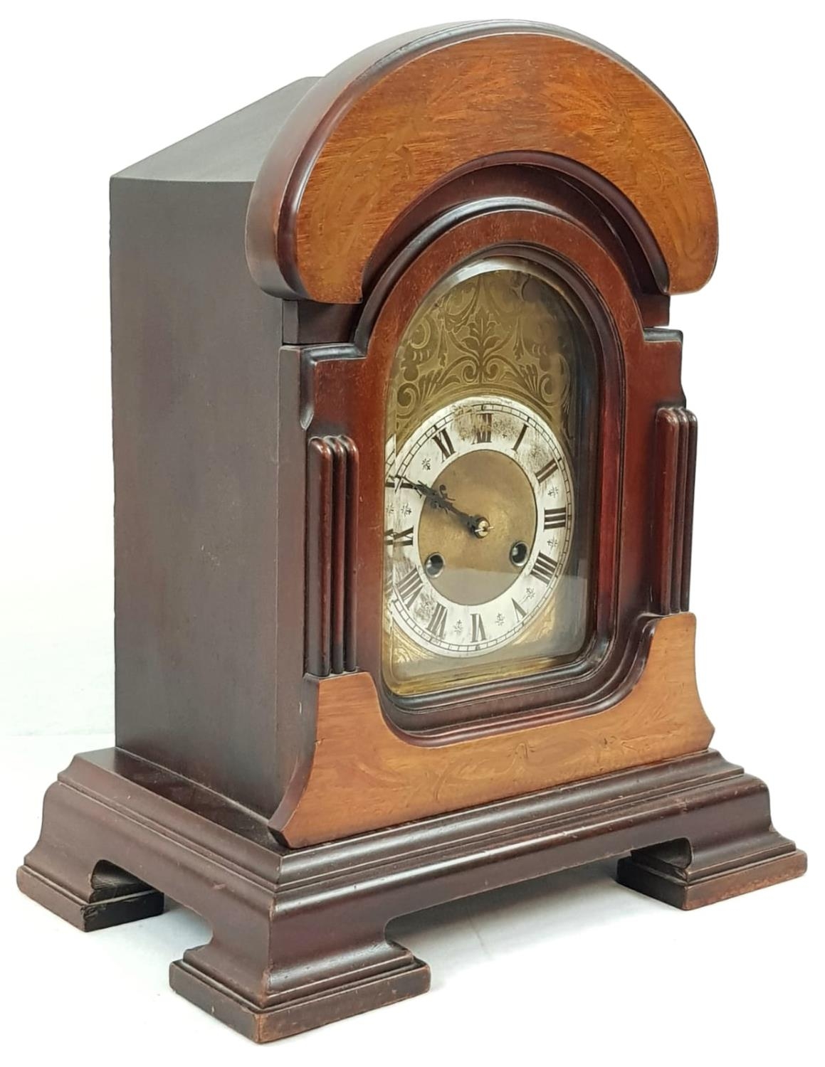 Vintage possibly antique Chiming Mantle Clock with Key. Mahogany case, Roman dials, gilded