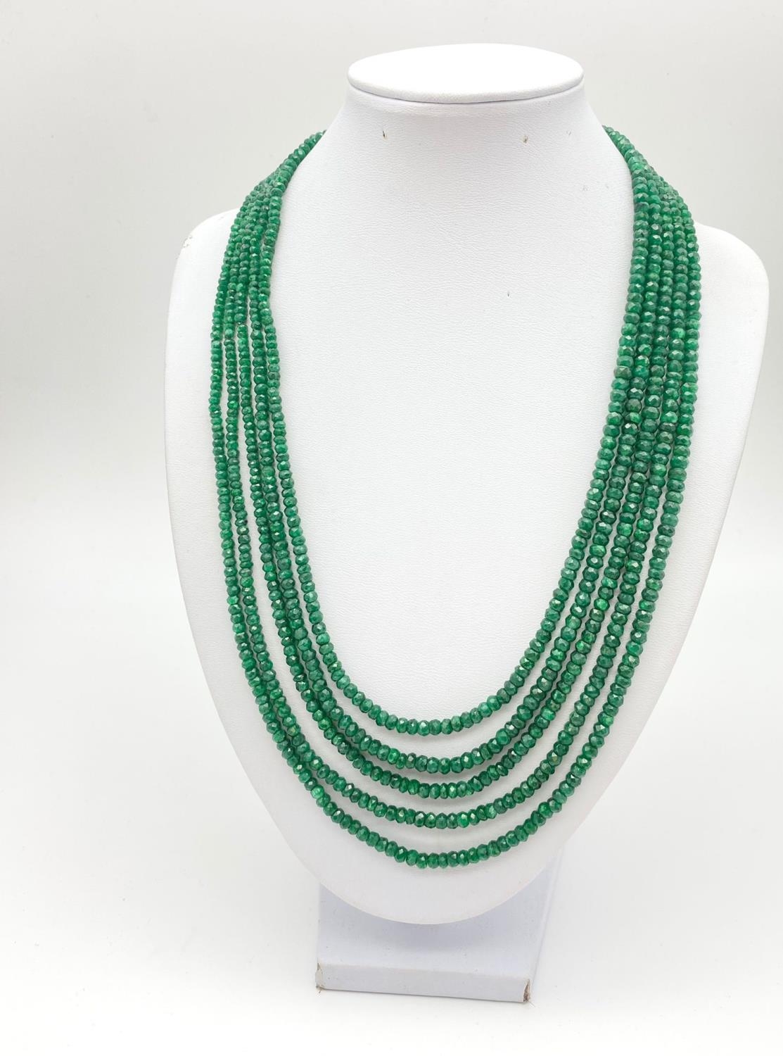 395cts Five-Row Emerald Necklace with Ruby and Sapphire Clasp. With a halo of Rose Cut Diamonds. - Image 4 of 9