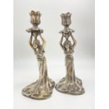A PAIR OF ACHILLE GAMBA STYLE SILVER GILT CANDLESTICKS BY WMF. 23cms 907gms