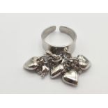 A Silver Ring with Multiple Heart Charms. Size P. 9.39g