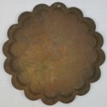 Large Antique Floral Shaped Indian Brass Tray (possibly copper). Decorated with Religious symbols