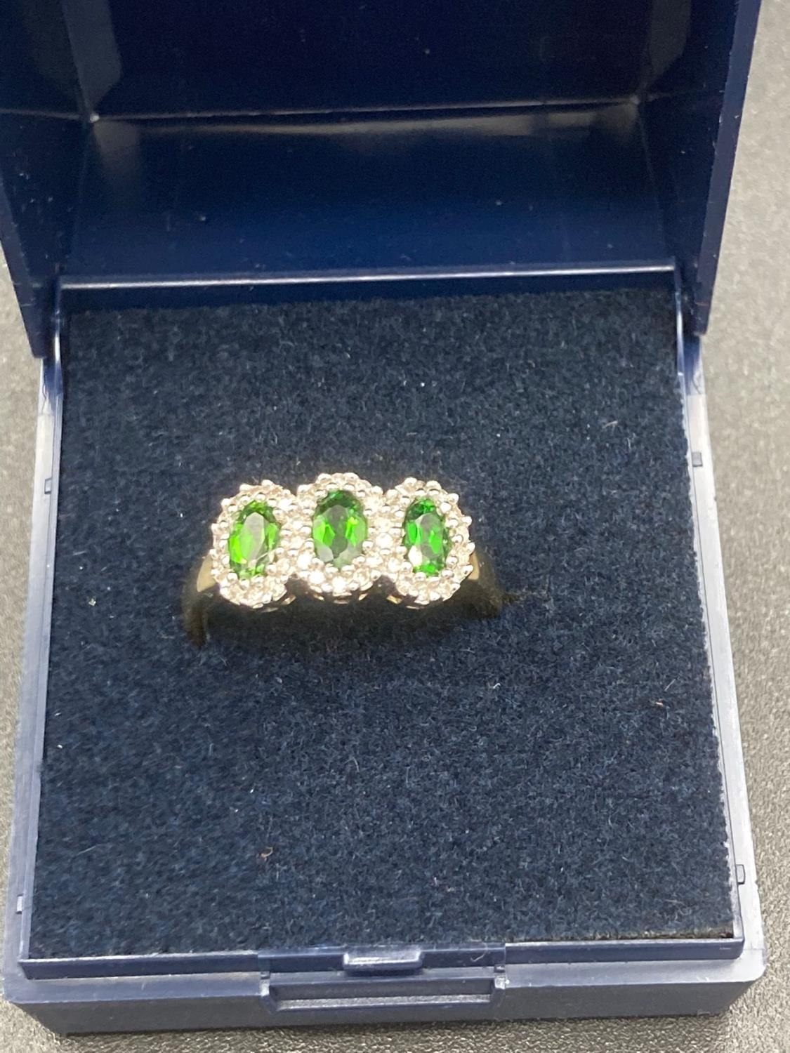 9 Carat Gold trilogy ring set with Green TOURMALINE and DIAMONDS. 2.3 grams . Size M. - Image 2 of 2