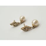 A Pair of 9k Yellow Gold Diamond and Natural Pearl Earrings. 2.3g