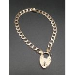 9K Yellow Gold Flat Curb Link Bracelet with Heart Charm. 20cm. 10.2g