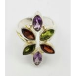 STERLING SILVER RING WITH MARQUISE CUT PERIDOTS, AMETHYSTS AND GARNETS, SIZE N