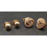 Two Pairs of 9K Yellow Gold Stud Earrings. Rope-twist and Ball. 1.71g total weight.