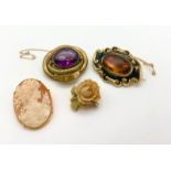 Four Vintage Brooches: Two Cameo and Two Mourning.