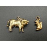 Two 9K Yellow Gold Animal Charms. A Bull and a Squirrel. 14.52g total weight.