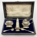 AN VINTAGE/ANTIQUE SILVER CONDIMENT SET WITH THE BLUE LINERS IN ORIGINAL BOX. SHOWING SOME SIGNS