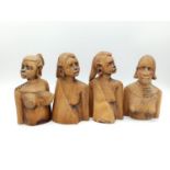 A SET OF FOUR HAND CARVED AFRICAN TRIBAL BUSTS OF VARIOUS SHAPES AND SIZES! 16/17cms TALL.
