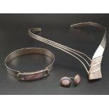 A modern sterling silver (stamped 925) and pink mother of pearl necklace, bangle and earrings set