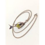 Enamel Sterling Silver Fish Pendant and Chain. 48 and 5cm. 30g total weight.