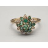 9K Yellow Gold Emerald and Diamond Cluster Ring. Size P. 2.52g