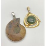 Fossilised Snail Shell and a Green Stone Pendant.
