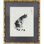 A Chinese Watercolour Cat Painting on Textile. In Frame - 30 x 36cm