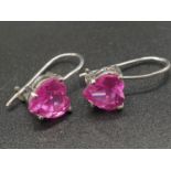 Sterling Silver pink stone heart drop earrings. 2.7g.