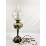 Victorian Milk Glass Oil Lamp Converted to Electric. Floral decorated chamber and milk glass sat