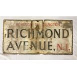 Vintage Original Richmond Avenue Metal Sign - Islington N1. Condition as per photos. 81 x 40cm
