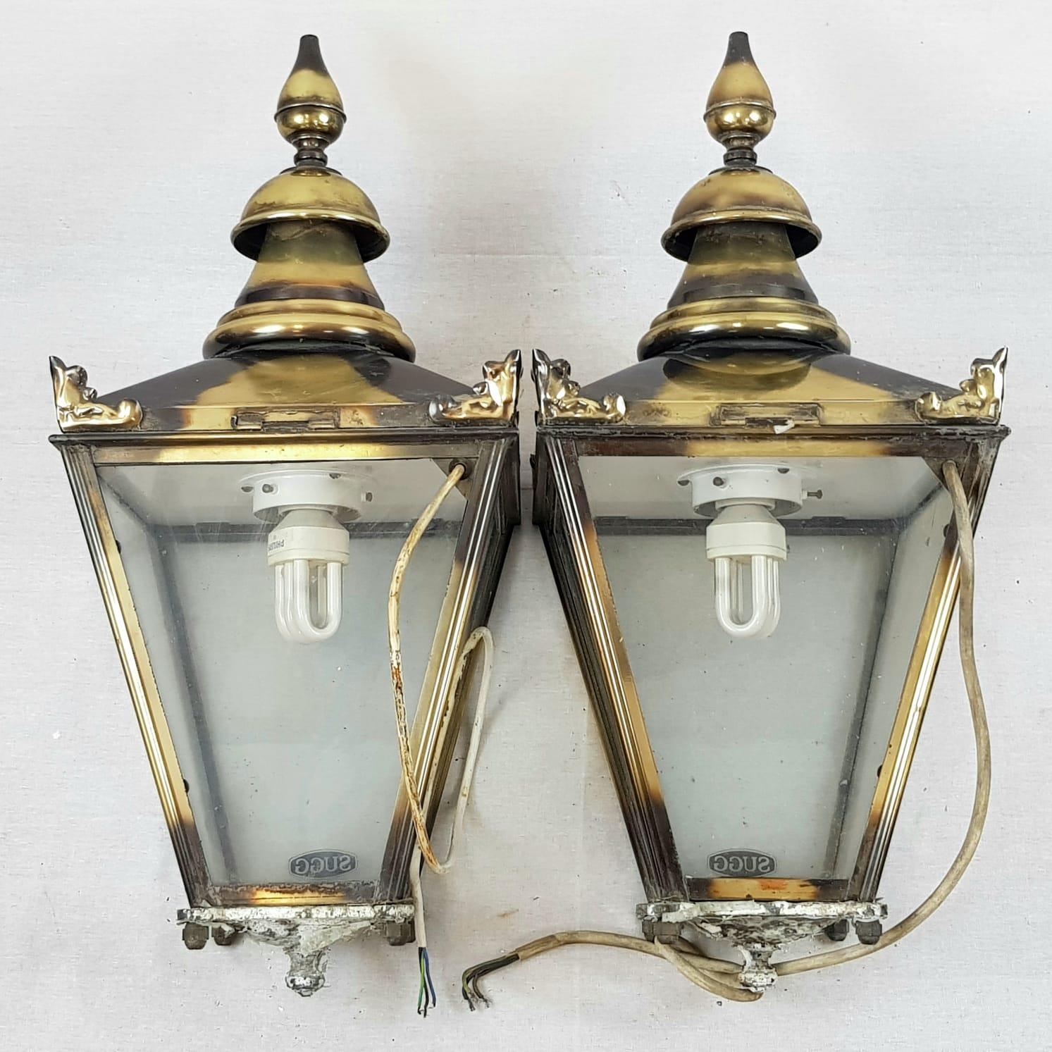 A Pair of Reproduction Victorian Top-Fix Brass Wall Lanterns. As Found. 31 x 70cm - Image 2 of 6