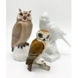 Three Porcelain Bird Figurines. Two Owls and a Sparrow. All marked on base. Very good condition.