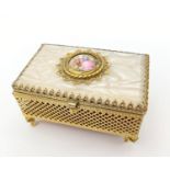 Vintage Jewellery Trinket Box with Enamel and Gilded Decoration throughout. Felt and mirror