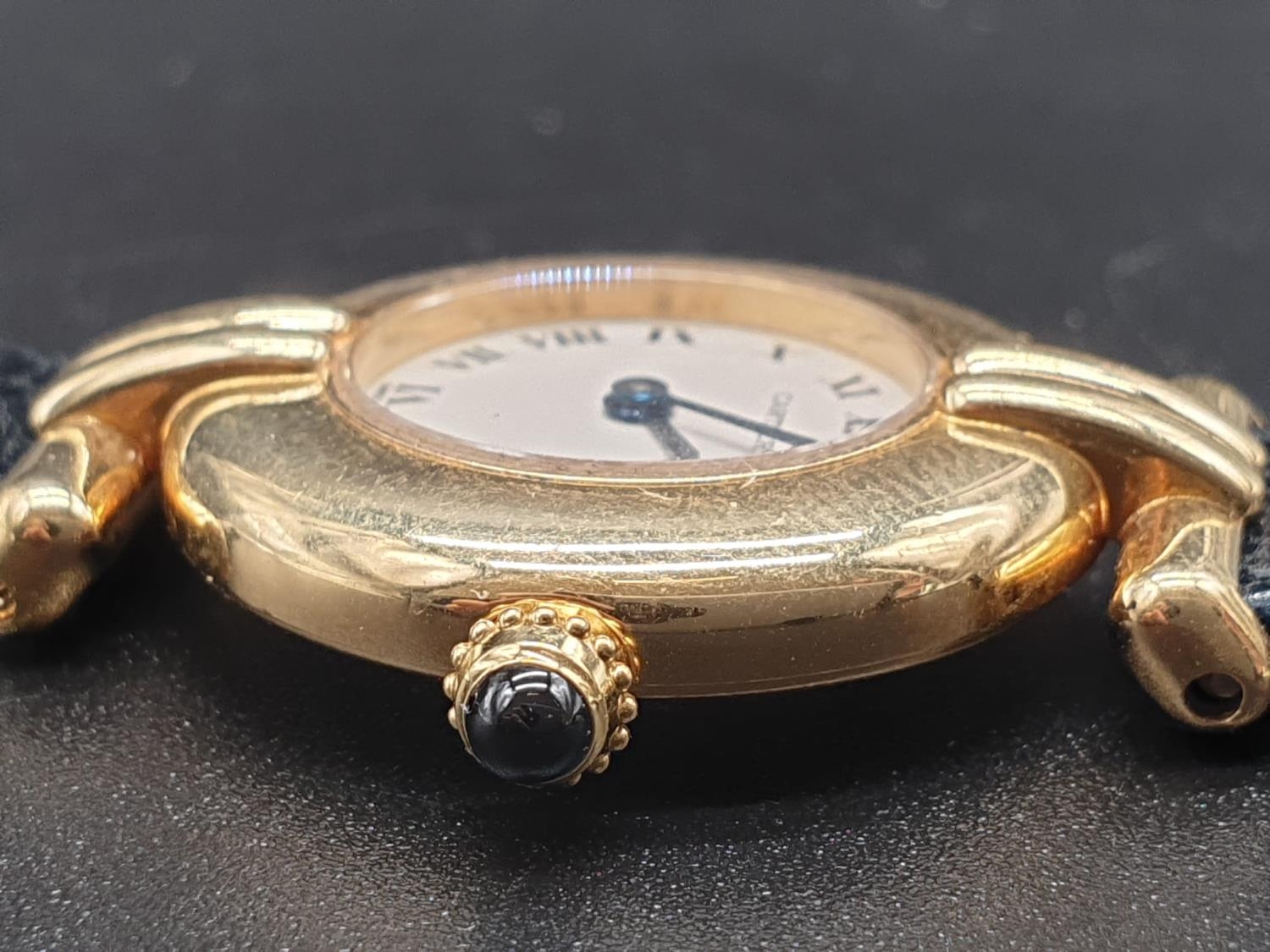 18k yellow gold Cartier quartz ladies watch, white round face and black leather strap - Image 8 of 8