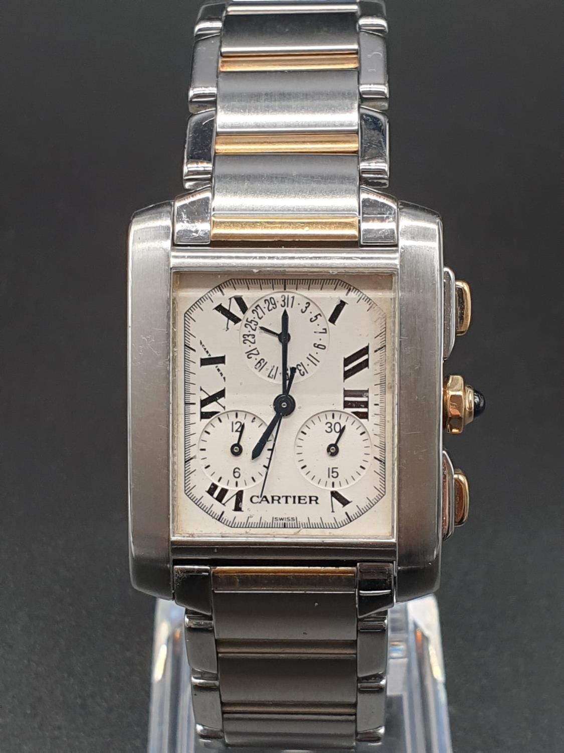 Cartier tank watch, square face Roman numerals and two-tone (bi-metal) strap